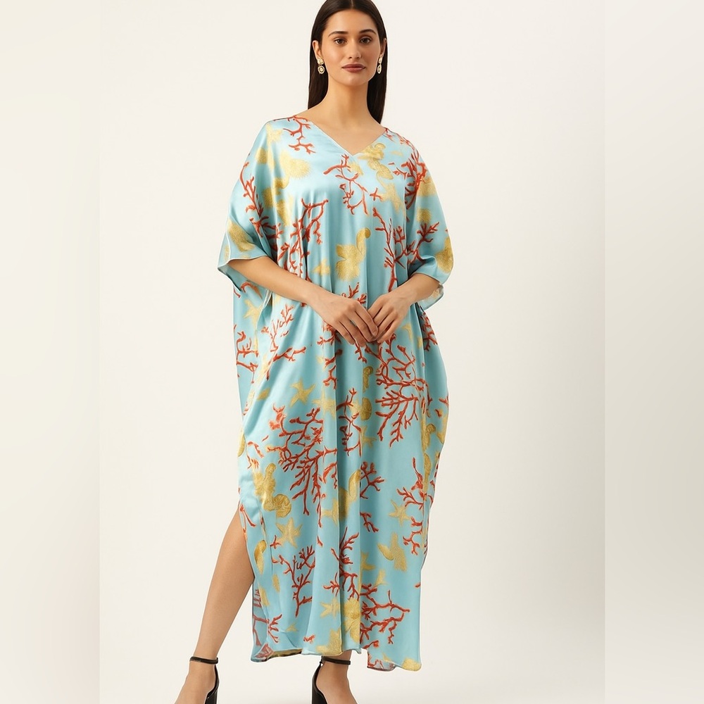 WINLAR womens caftan house dress beach coverup satin OS shells coral mrs…